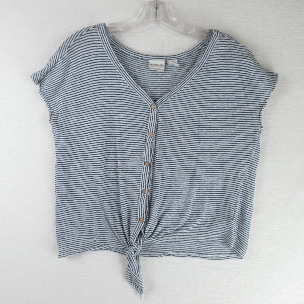 Rachel Zoe Cropped Linen Tee Shirt Size S Striped Short Sleeve V-neck Knit
